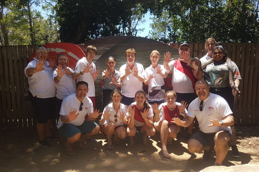 Team England undertake Girrebba indigenous cultural training at Dreamworld Corroboree on the Gold Coast.